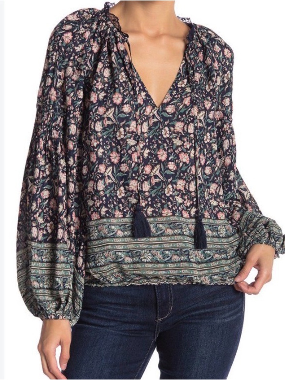 T86 Lucky Brand M Navy Boho Top Tassel Detail